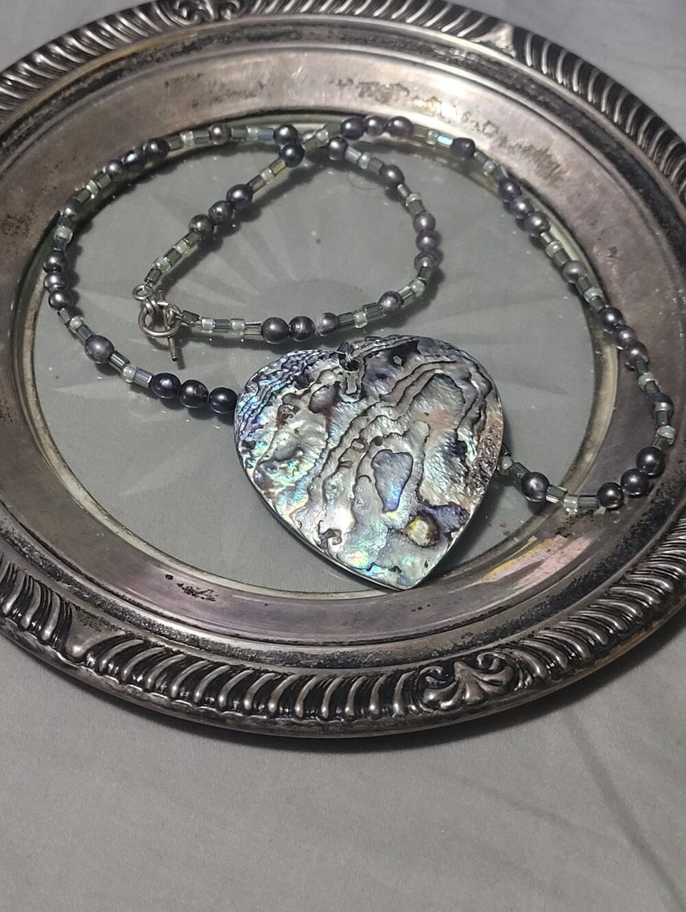 Handmade Abalone Heart Pendant Necklace in Iridescent Blue-Green